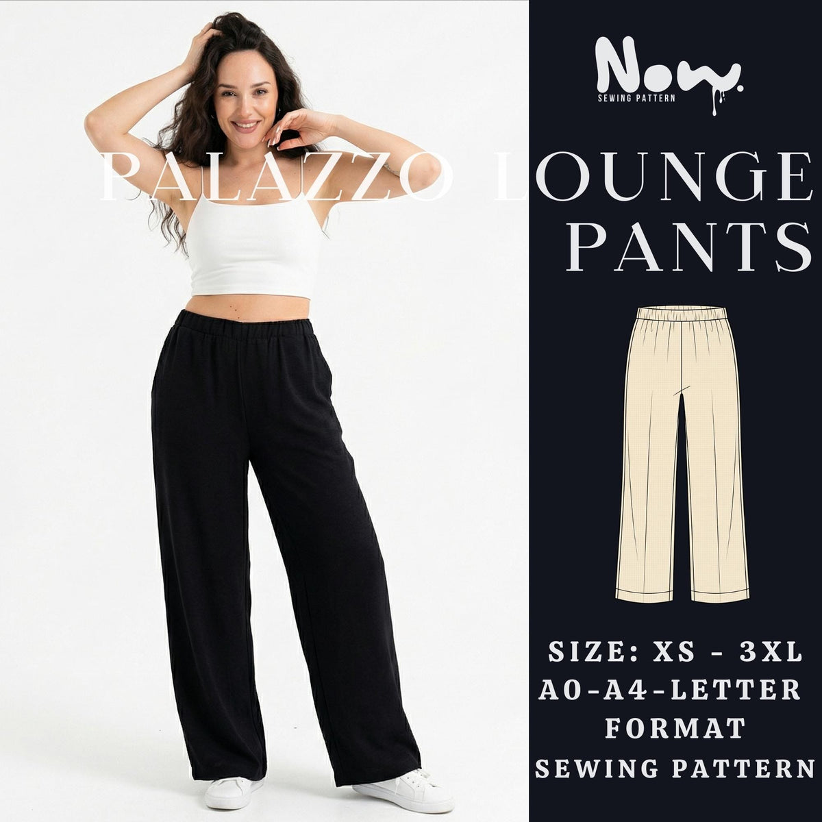 Palazzo Lounge Pants PDF Sewing Pattern | High Waist Wide Leg Pants | Elastic Waist Loungewear Trousers | A4 A0 US Letter | XS-3XL