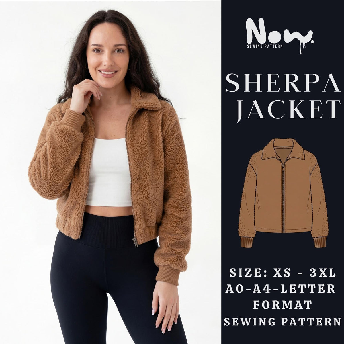 Sherpa Jacket Sewing Pattern | Zip Up Fleece Jacket PDF | Cropped Outerwear Pattern | XS-3XL